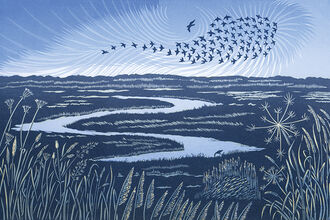 A printed artwork of a starling murmuration above a meandering river