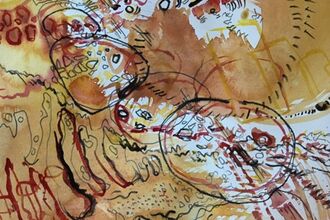 An abstract design depicting 'sound of nature' using orange, red and yellow colours