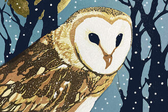 Artwork of a barn owl in the snow with silhouetted trees and a golden full moon in the background