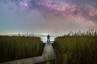 A photo at night of a man at the end of a wooden boardwalk amongst reeds and facing the sea.