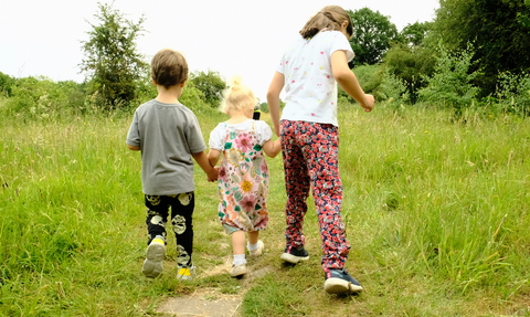 Children walking along a path through some grass