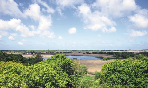 A view over Hickling. Blue skies with fluffy white clouds, lots of trees and shrubs and a pool of water in the distance.