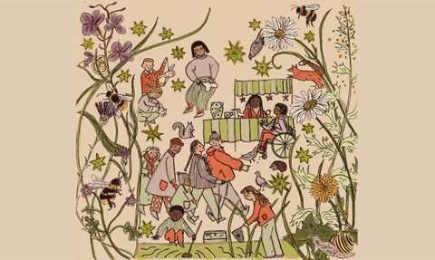 an illustration of people at a craft fair surrounded by nature