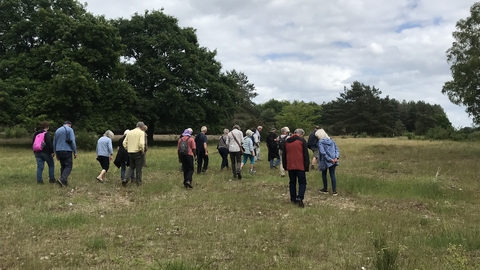 A group of people on a walk through a field on a cloudy day. The people are pictured from behind and are wearing coats.