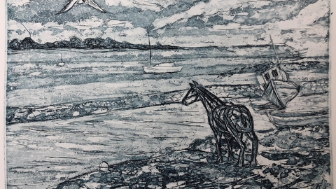 An etching of a horse standing on a beach with two boats in the sea
