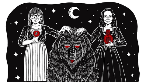 Folklore images of two ladies standing either side of a wolf