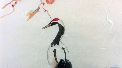a colourful picture of a crane using the Chinese brush painting technique