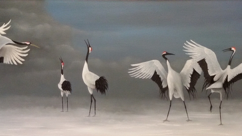 Painting of five cranes standing and in the air