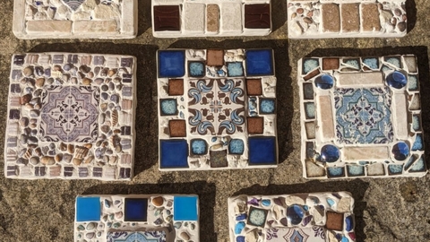Square mosaic tiles in different colours and patterns