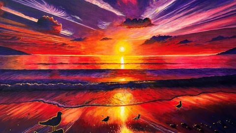 A vivid-coloured painting of a sunset over the sea with birds silhouetted on the beach