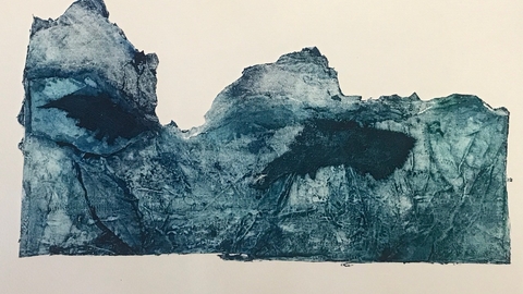 Abstract ink blue picture containing images of leaves and other natural forms