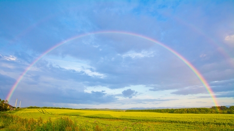 a rainbow arc in a blue sky over green fields