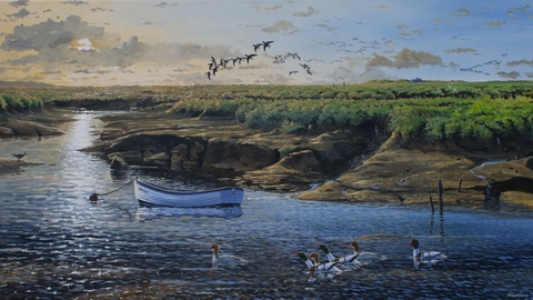 Picture of a boat moored in a creek with birds flying above and waterfowl in the foreground.