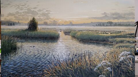 a painting of a frosty scene across water and reedbeds