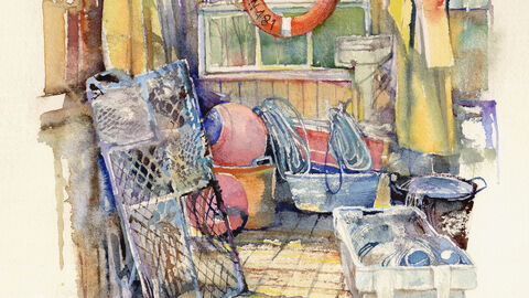 A watercolour of the inside of a shed containing fishing paraphernalia including buoys, fishing net