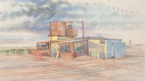 a watercolour of An older building on the coast with a skein of geese flying overhead