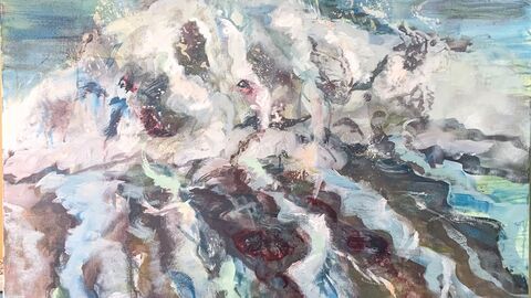 Lino-cut printing depicting swirling white, blue and green waves 