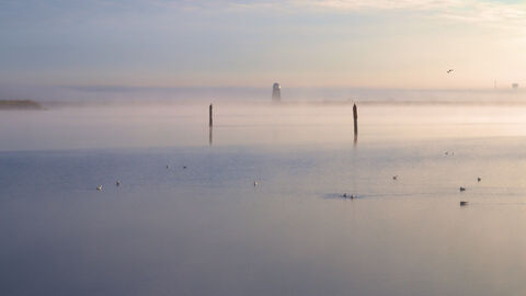 Mist across Breydon Water with a windpump in the distance
