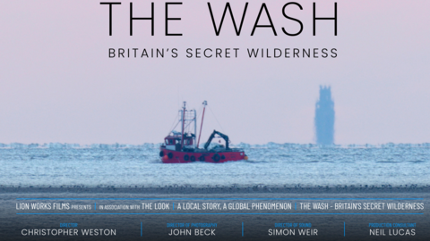 A film poster for The Wash: Britain's Secret Wilderness, showing a red trawler on the sea against a pink background