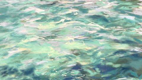 a painting of the sea in various soft pastel greens, blues and mauves