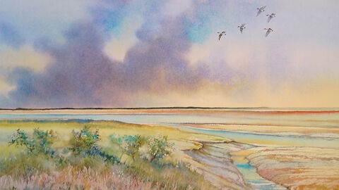 Watercolour of a Norfolk coastal scene showing flying geese and waterways going out to the sea.