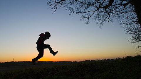 A silhouette of a young boy wearing an anorak and wellies jumping against a background of a sunset and a treefor joy