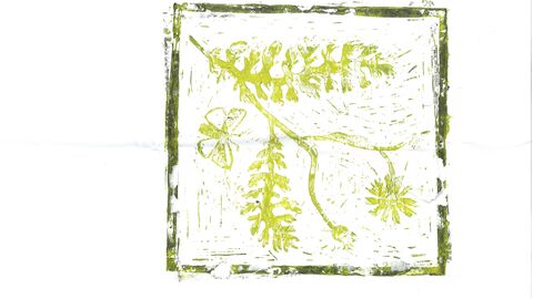 Artwork of green leaf and flower print on a white background