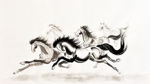  A black and white painting of a herd of galloping horses