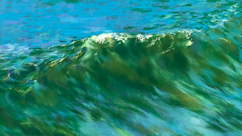 A pastel painting in blues and greens of a wave, tipped with white