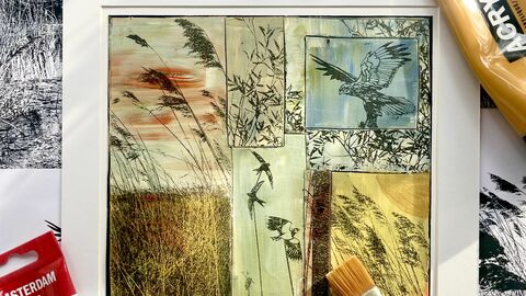 Pictures created by gel printing, with paintbrushes, paint and rollers