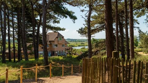 A view of Holme Dunes visitor centre through the pine trees