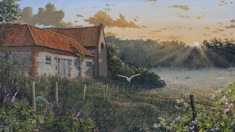 A watercolour of a farm with a barn owl flying close by at sunrise