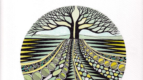 Artwork showing a circular picture showing a green, yellow, grey and black abstract path leading to a tree