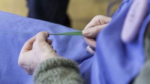 A close up of someone in a blue apron holding a blade of long grass.