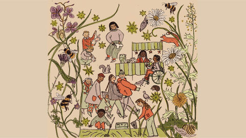an illustration of people at a craft fair surrounded by nature