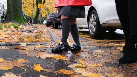 A young girls legs and feet alongside those of an adult, walking on a damp pavement with autumn leaves on the ground