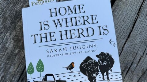 The front cover of Sarah Juggins' book, Home is Where the Hers is, featuring black pencil drawings of black cattle, a hare, birds and truck on farmland