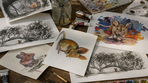 Scattered watercolour pictures of a small mouse, alongside a paint palette and brushes