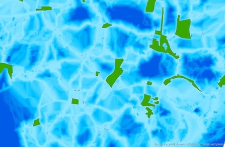 A blue map with green boxes on it