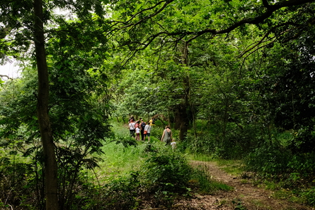 A group of people walking around Sweet Briar. It's really green and leafy.