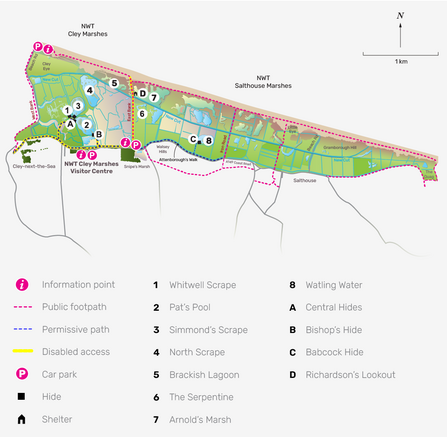 An illustrated map of cley reserve with a key