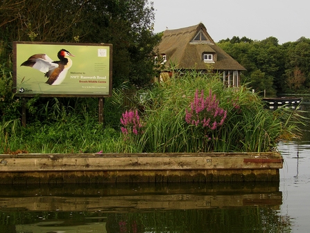 A view of the floating visitor centre and Ranworth signage from the water.
