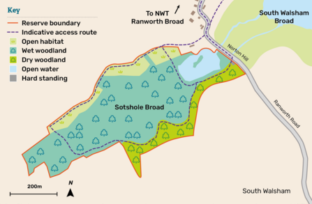 A map of Sotshole Broad with difference habitats - open habitat, wet woodland, dry woodland, open water.