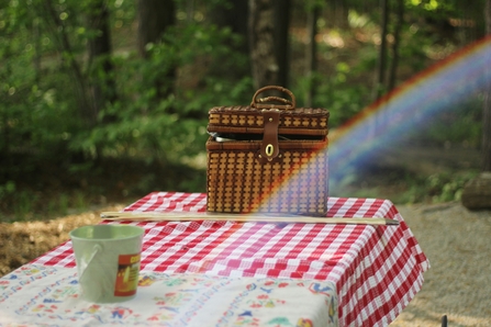 A wicker picnic basket standing on a red and white checked tablecloth. A rainbow is across photo