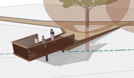 A digital illustration of an elevated wooden viewing platform built around a tree at Sweet Briar.