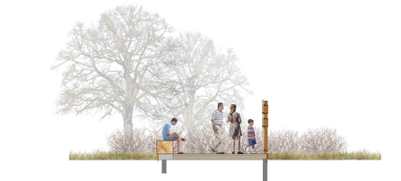 A digital illustration of a group of visitors peering through a wooden screen. There is also a bench behind the screen.