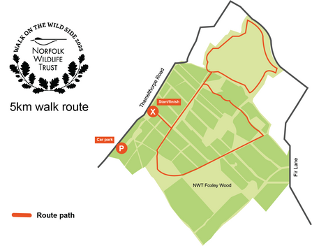 A map showing the 5km route around Foxley Wood