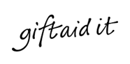 Gift aid logo, black writing on white background says gift aid in cursive writing