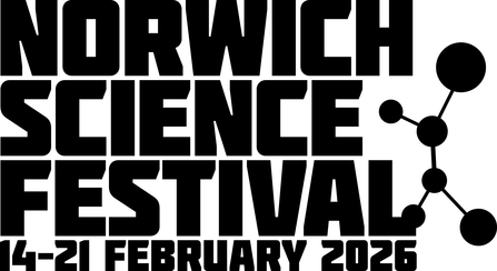 Black and white logo for Norwich Science Festival 2026 logo with date 