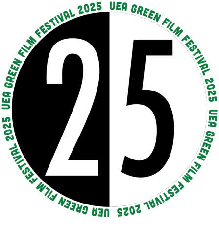 Logo for RAW - numbers 25 in black and white in a circle surrounded by UEA Green Festival 2025 in green font on a grey and white chequered background
